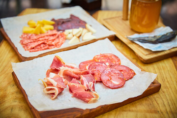 close up of a slice of ham, prosciutto