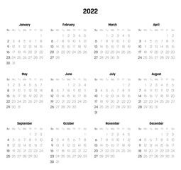 Monthly calendar of year 2022