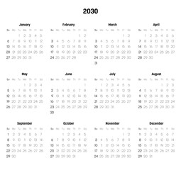 Monthly calendar of year 2030