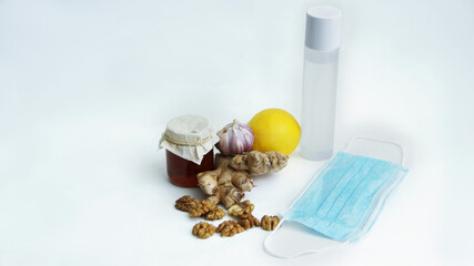 prevention of viruses, natural vitamins ginger,garlic,lemon and honey mask for protection against viruses and antiseptic