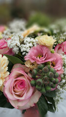 close up of splendid bouquet of pink roses with blurred background