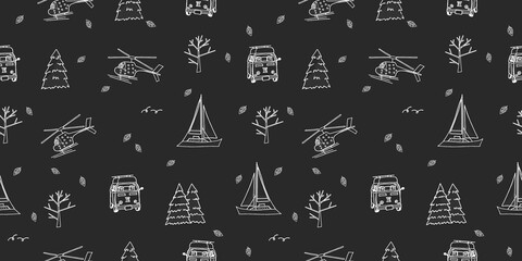 Repeat seamless pattern of helicopter, yacht, travel bus, trees, christmas trees, leaves on white background. Chalk on blackboard effect