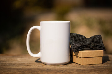 Cup of coffee on wooden table, top view. Father day. Wooden table. 