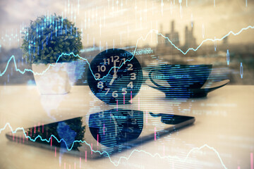 Double exposure of forex graph drawing and cell phone background. Concept of financial data analysis