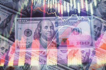 Fototapeta premium Multi exposure of forex chart drawing over us dollars bill background. Concept of financial success markets.