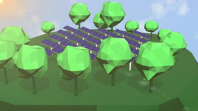 4k video of solar power station and trees all around on green background.