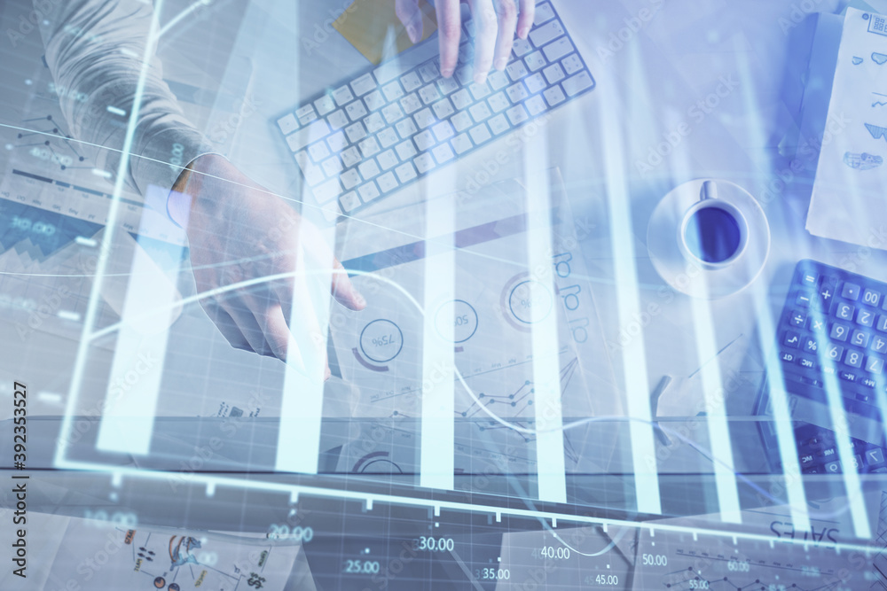 Poster Multi exposure of man's hands typing over computer keyboard and forex graph hologram drawing. Top view. Financial markets concept.