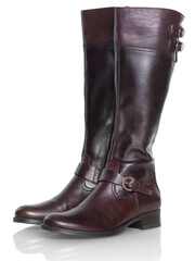 Knee-high brown leather fashion womens boots isolated on white background