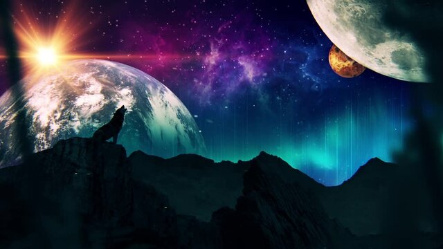 An abstract motion background with a deserted wolf howling feelings of lostness from a rocky meteor floating by large celestial bodies such as the Earth and Moon in a mysterious alternate universe.