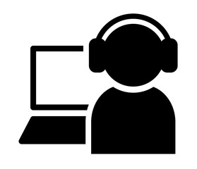 ヘッドフォンをしてノートパソコンを使用する人物のシンプルなアイコン/白黒