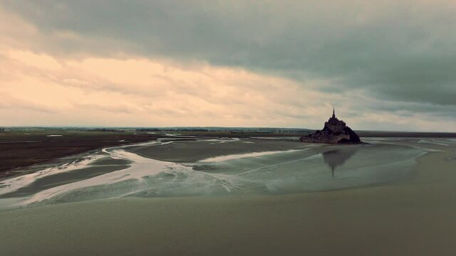Slow moody drone of the castle island Mont Saint Michel in France