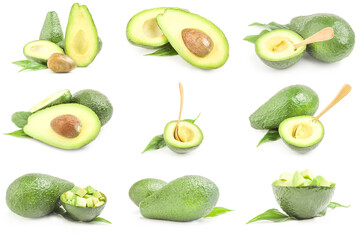 Set of green avocados isolated on a white cutout