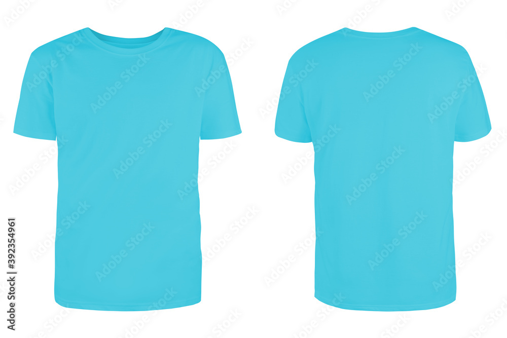 Wall mural Men's arctic blue blank T-shirt template,from two sides, natural shape on invisible mannequin, for your design mockup for print, isolated on white background.. - Wall murals