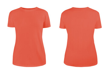 Women's coral  blank T-shirt template,from two sides, natural shape on invisible mannequin, for your design mockup for print, isolated on white background..
