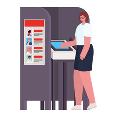 woman voting with brown hair, white shirt glasses in gray voting booth