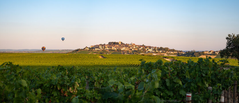 Panorama on the vineyard and the village of Sancerre, and two hot-air balloons in the sky 