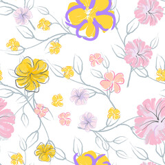 Pink Flowers Blooming Pattern. Pastel Watercolor.