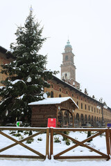 Piazza Ducale and Sforza Castle in Vigevano during a snowfall in 2012