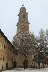 Piazza Ducale and Sforza Castle in Vigevano during a snowfall in 2012