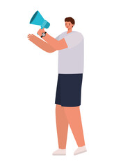 man dressed in gray shirt and dark shorts with a megaphone