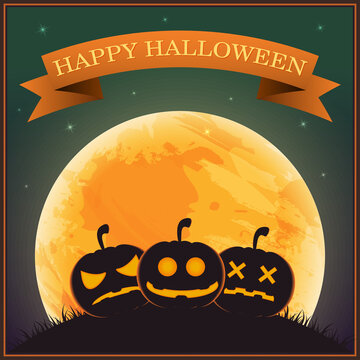 Poster Halloween Day , silhouette pumpkin lantern on grass under moon and star on night sky , vector illustration , banner text