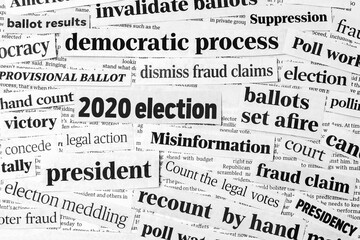 Newspaper headlines of 2020 United States of America presidential election. Concept of misinformation, voter and ballot fraud claims and the democratic process - obrazy, fototapety, plakaty