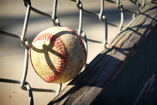 Baseball stuck in fence of ballpark