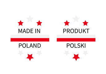 Made in Poland labels in English and in Polish languages . Quality mark vector icon. Perfect for logo design, tags, badges, stickers, emblem, product package, etc