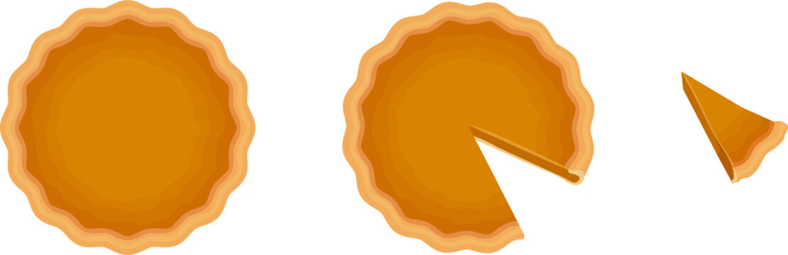 Whole pumpkin pie, pie with a slice missing, and pie slice. Vector illustrations isolated on white background.