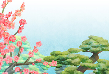 Obraz na płótnie Canvas 梅と松のイラスト、はがきサイズ、年賀状