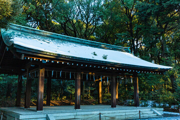Fototapeta na wymiar 日本　東京都渋谷区代々木、雪の積もった明治神宮の境内