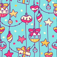 New Year Seamless pattern with New year balls and toys. Printable background or endless decoration for web wallpaper.