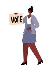 woman dressed in gray skirt with a vote poster