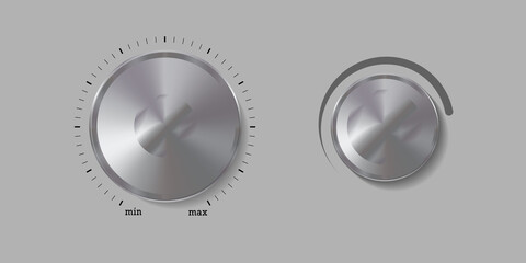 Metal sound knobs. Volume control. Realistic vector illustration.