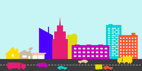 Big city and intensive road in front of it. Car traffic. Flat style vector illustration.