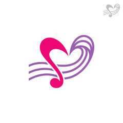 Love music logo, music note with heart shape, simple flat logo template