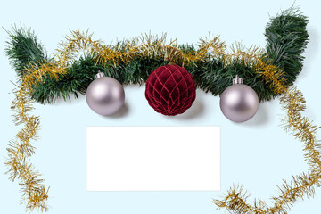 Beautiful Christmas balls decorations isolated on blue background.  Postcard. Christmas and New Year holidays concept background.