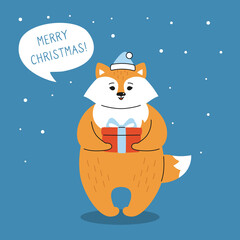 Greeting Christmas card, fox with gift and dialog speech bubble. New year red fox in Santa Claus hat. Hand drawn funny cartoon christmas character. Happy New year, merry Christmas. Animal vector