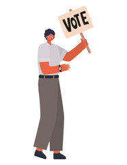 man dressed in khaki pants with a vote poster