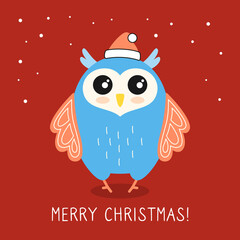 Bright greeting card Christmas owl. New year bird in Santa Claus hat, with snow. Hand drawn cartoon character. Merry Christmas and happy New Year. Vector on red background