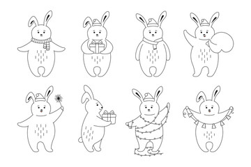 Christmas rabbit line cartoon set. Black outline cute hare with gift, garland. New Year animal coney in different poses. Funny animals winter celebrate