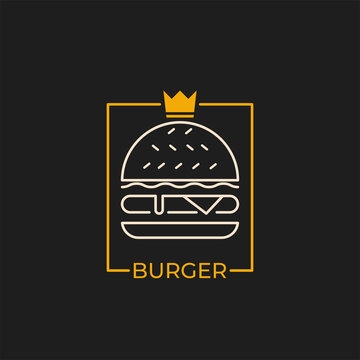 Burger King Logo. Burger, fast food logo or icon, emblem. Outline design. Label for menu design restaurant or cafe. vector illustration.