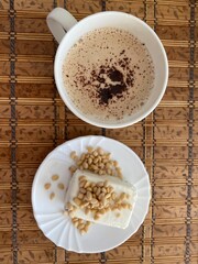 breakfast: cup of coffee and curd cheese