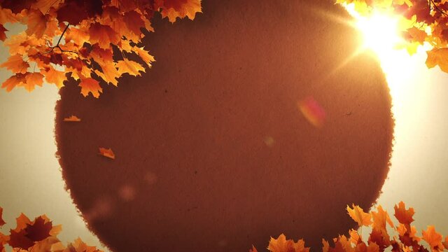 An Autumn themed motion background with a large brown textured circle base and brown leaves framing the view as well as falling downward away from a golden sun fluttering gently in the distance.