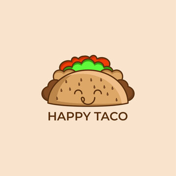Happy Taco Logo. Food Cartoon Character Isolated. Flat Cartoon Style Suitable for Web Landing Page, Banner, Flyer, Sticker, Card
