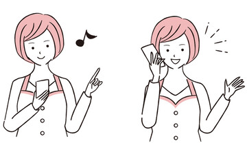 手描き1color　スマホ操作　エプロン女性　楽し気