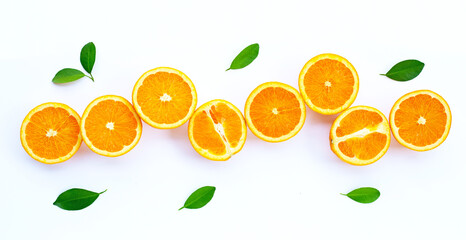 High vitamin C, Juicy and sweet. Fresh orange fruit with green leaves on white background.