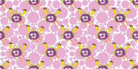 Seamless pattern of Cute cartoon germ in flat style design isolated on Colorful Random Scale Circles background. Bacteriology concept design. Vector illustration EPS10.