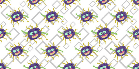 Seamless pattern of Cute cartoon germ in flat style design isolated on rectangle stroke background. Bacteriology concept design. Cartoon microbes. Vector illustration eps10.