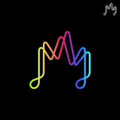 Music wave tone with letter M logo concept, simple line musical logo style in gradient spectrum colors